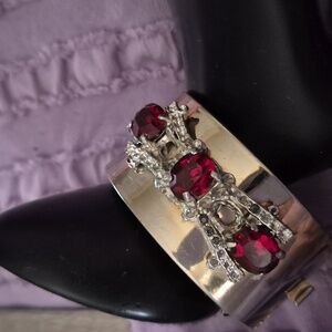 Vintage Art Deco Silver Red Ruby Rhinestone  Wide Cuff Bangle Hinged Bracelet